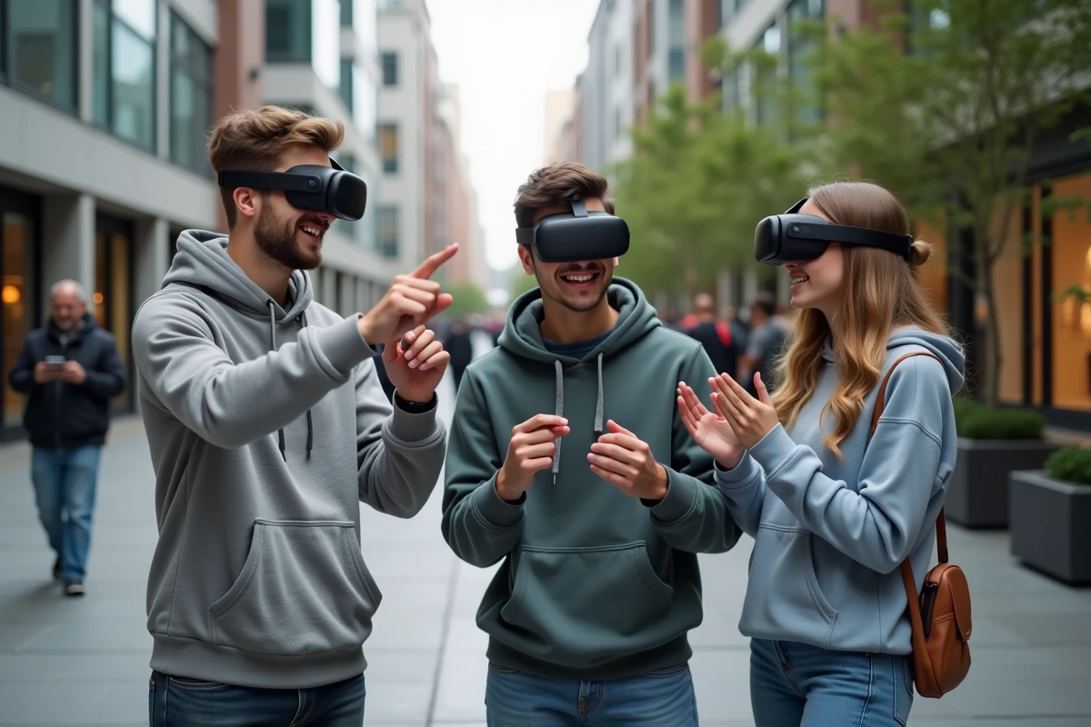 Groupe de jeunes testant des lunettes AR en extérieur urbain