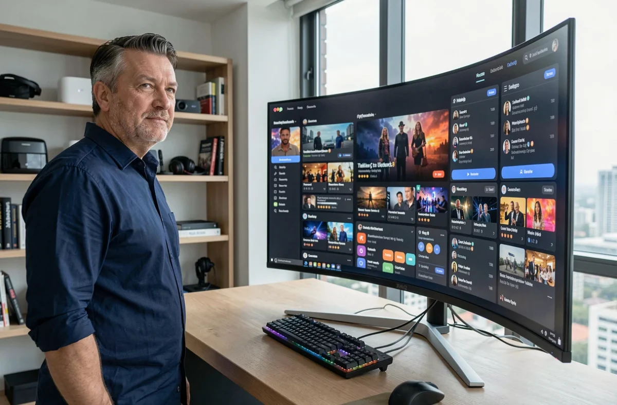 Homme devant un écran ultra-large affichant des plateformes de streaming et innovations numériques dans un bureau moderne