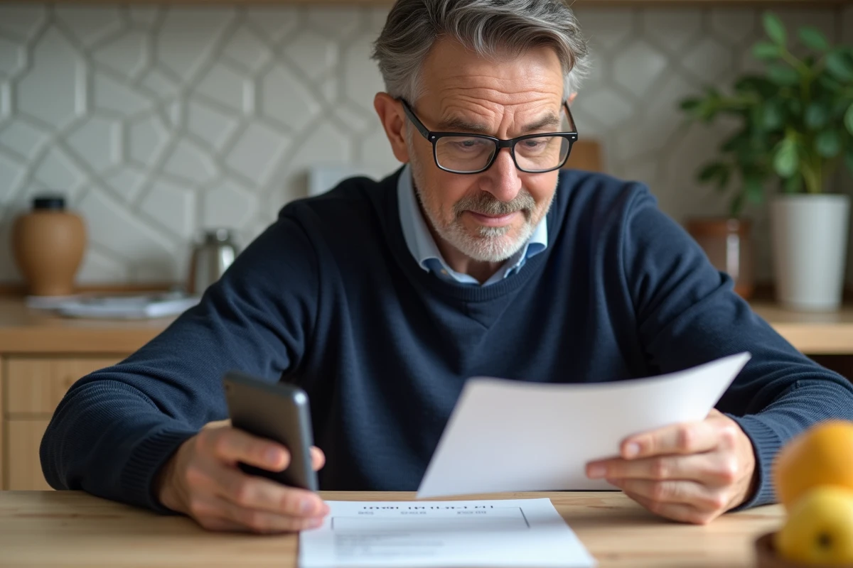Homme réfléchissant avec smartphone et papier en cuisine