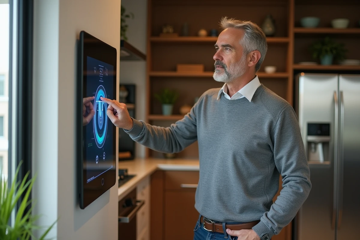 Homme montrant un panneau tactile avec interface domotique moderne