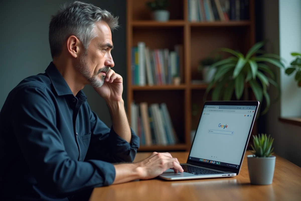 Homme consultant Google sur ordinateur portable avec icône microphone désactivé en bureau à domicile