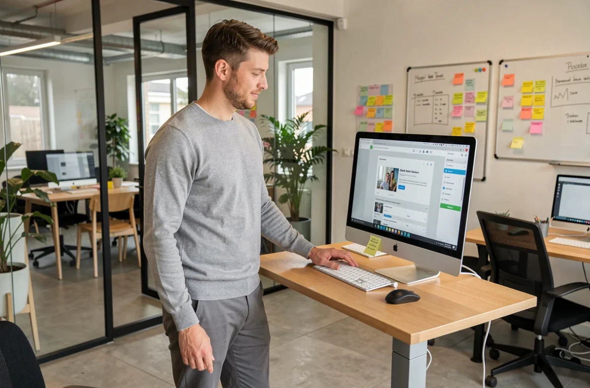 Jeune homme consultant des offres d'emploi startup sur un ordinateur de bureau dans un open space moderne en France