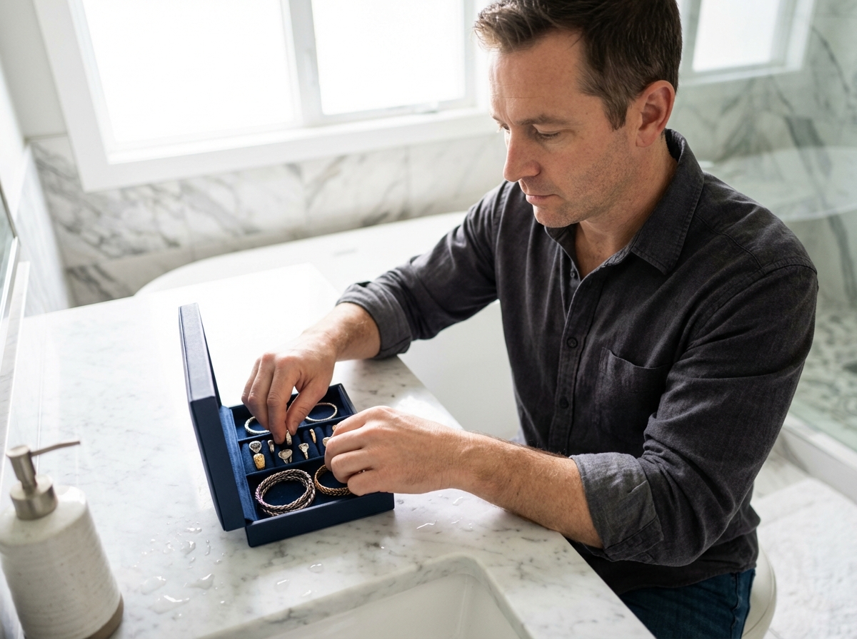Homme organisant des bijoux dans une salle de bain moderne