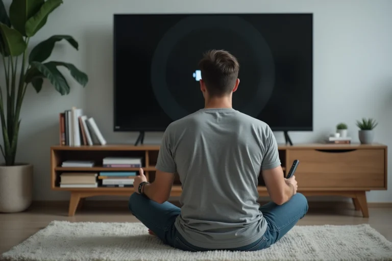 Homme assis sur le tapis regardant une TV Android