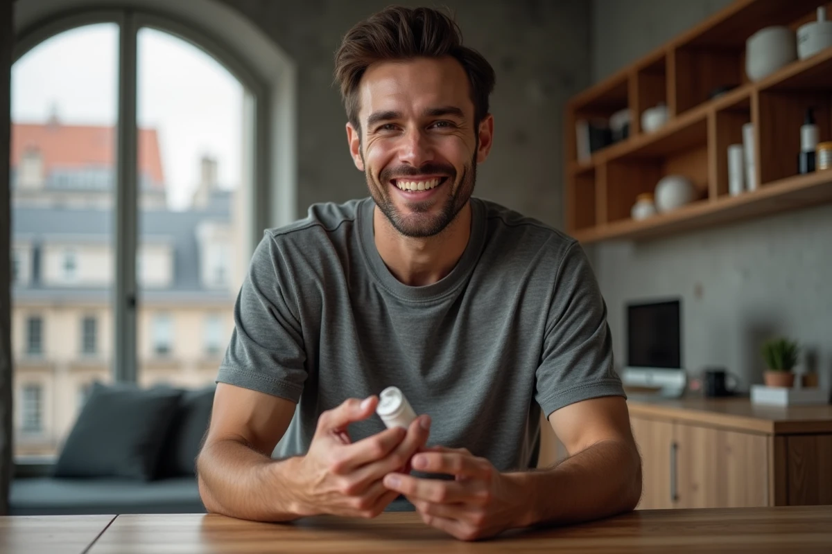 Homme appliquant une crème hydratante à son bureau de soin dans un appartement parisien moderne