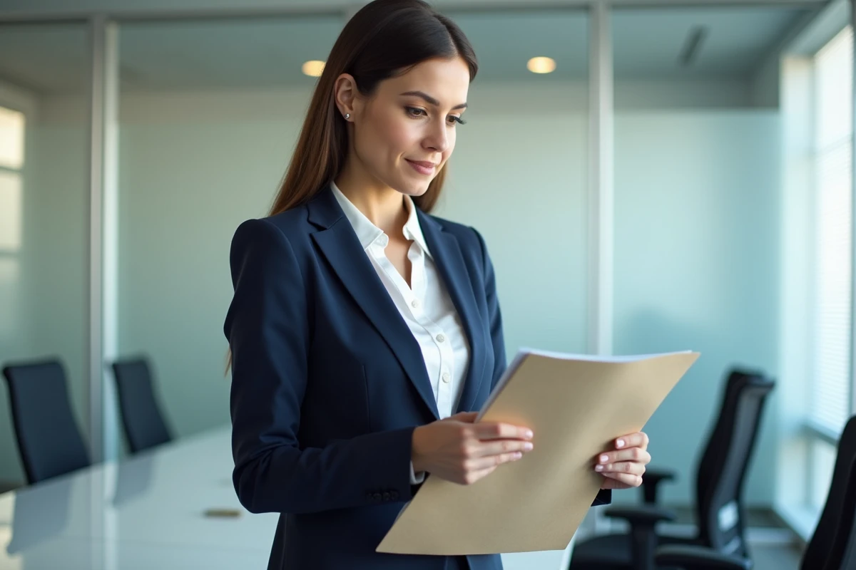 Femme professionnelle consultant un contrat dans un bureau RH moderne concernant les indemnités de licenciement lors d'une fermeture d'entreprise