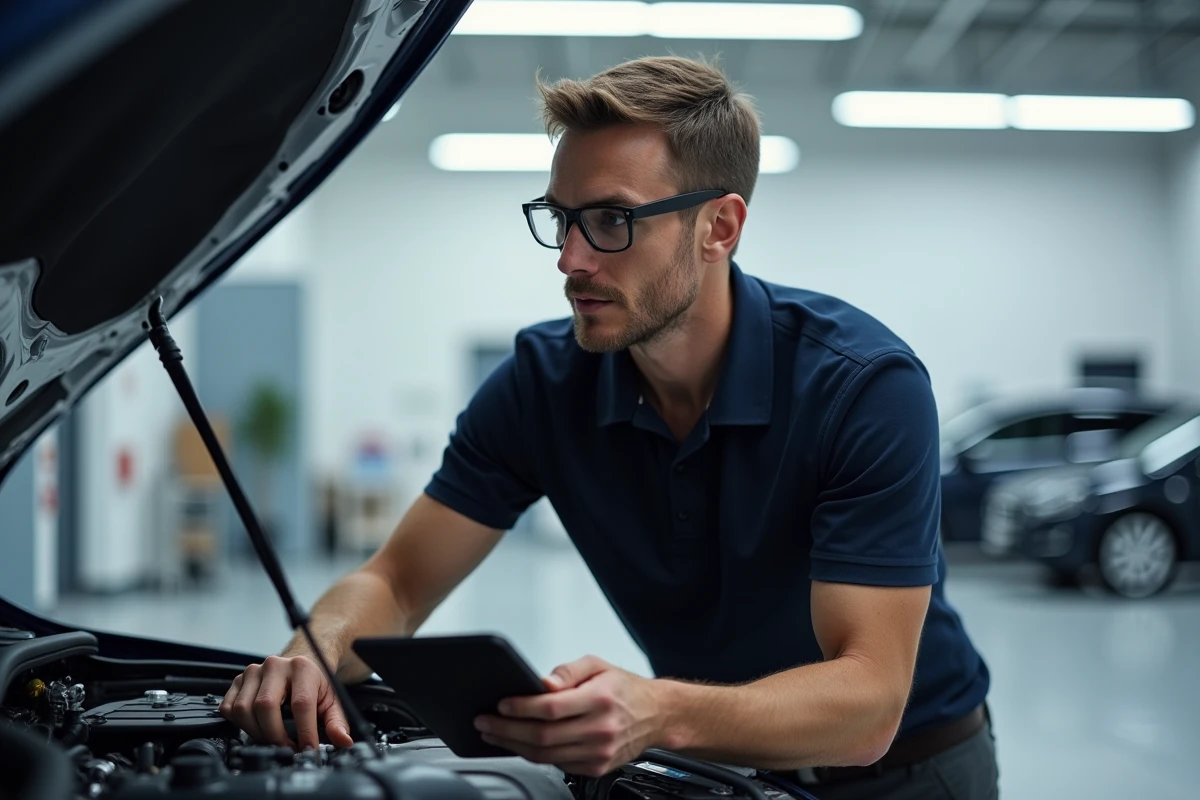 Ingénieur automobile analysant un moteur hybride avec une tablette de diagnostic dans un laboratoire de recherche