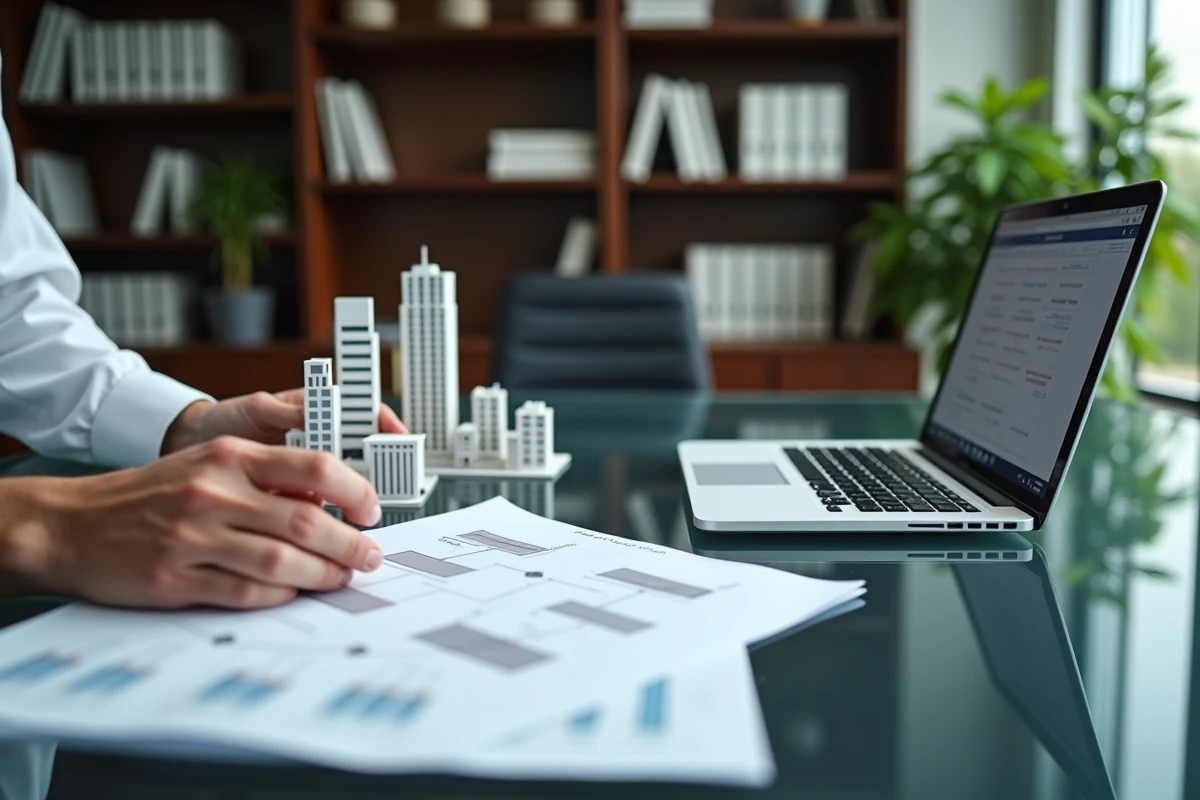 Mains d'un investisseur arrangeant des maquettes d'immeubles sur un bureau avec un organigramme juridique illustrant la séparation entre société holding et société de patrimoine immobilier