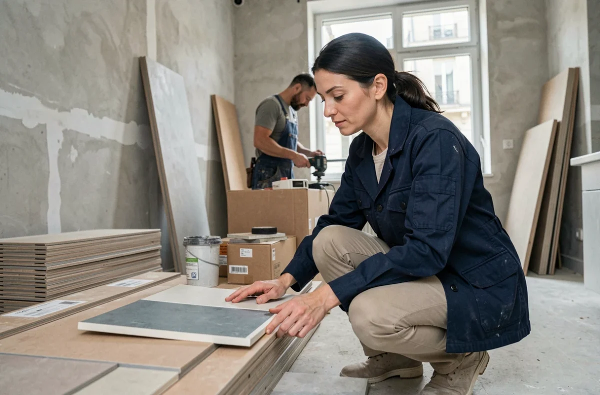 Investisseuse immobilière choisissant des matériaux économiques pour rénover une cuisine de bien locatif