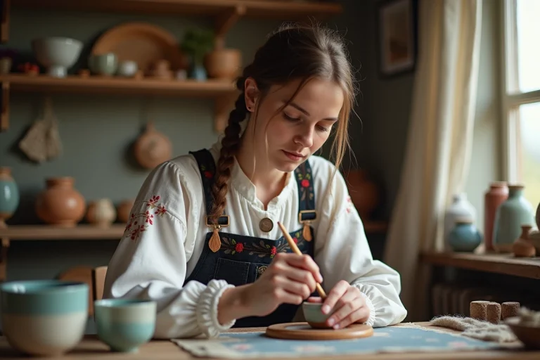 Jeune femme bretonne peignant une poterie artisanale