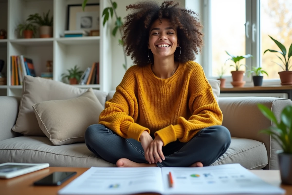 Jeune entrepreneuse indépendante planifiant son activité depuis son bureau à domicile
