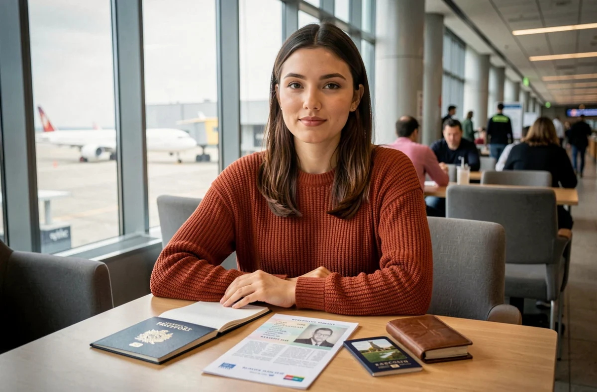 Jeune femme organisée à l'aéroport avec son passeport ouvert et la photocopie de la page d'identité prête pour le voyage