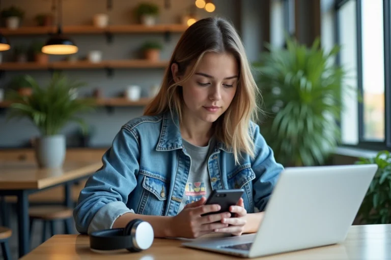 Jeune femme en denim explore un smartphone dans un espace coworking