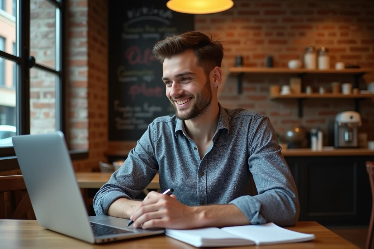 Jeune homme souriant travaillant dans un café urbain