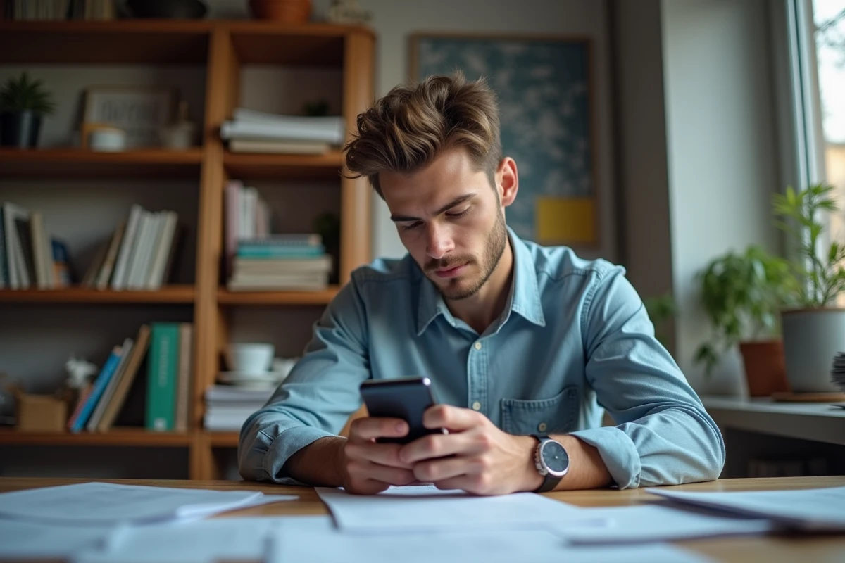 Jeune homme concentré remplissant un formulaire sur son téléphone