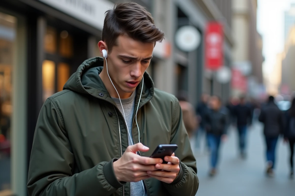 Jeune personne réactivant la recherche vocale Google sur smartphone en milieu urbain