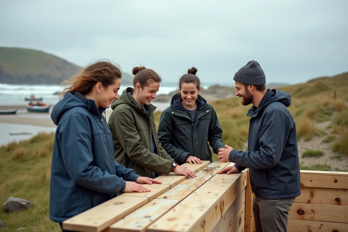 Groupe de jeunes bretons construisant un eco-shelter sur la plage