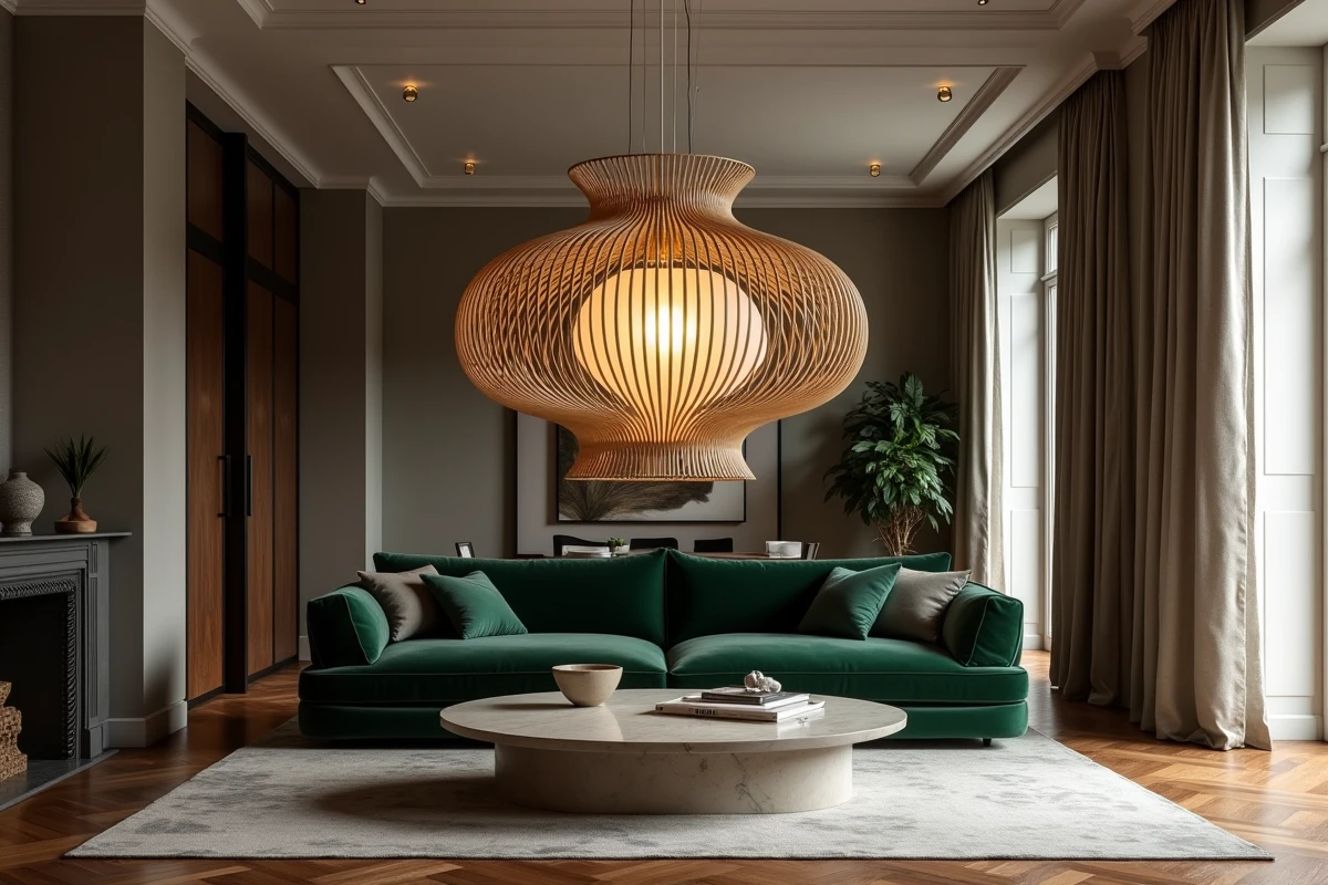 Luminaire sculptural en rotin tressé et verre dépoli suspendu au-dessus d'une table basse en marbre dans un salon contemporain