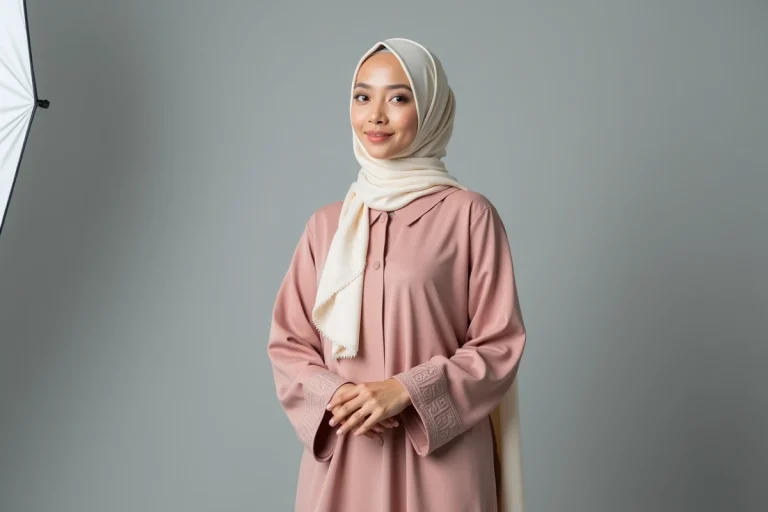 Mannequin portant un hijab et une abaya lors d'une séance photo de mode modeste en studio