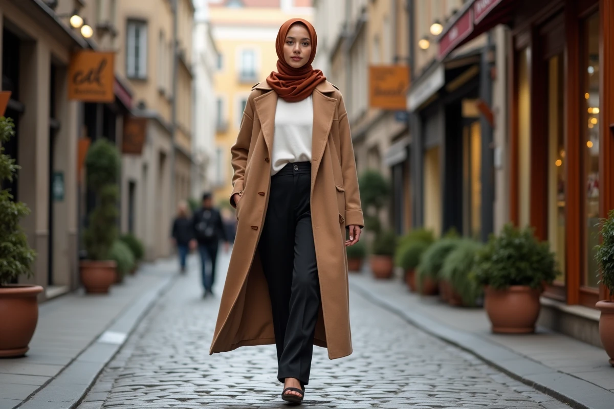 Mannequin en tenue modeste marchant dans une rue pavée pour une campagne de mode islamique en extérieur