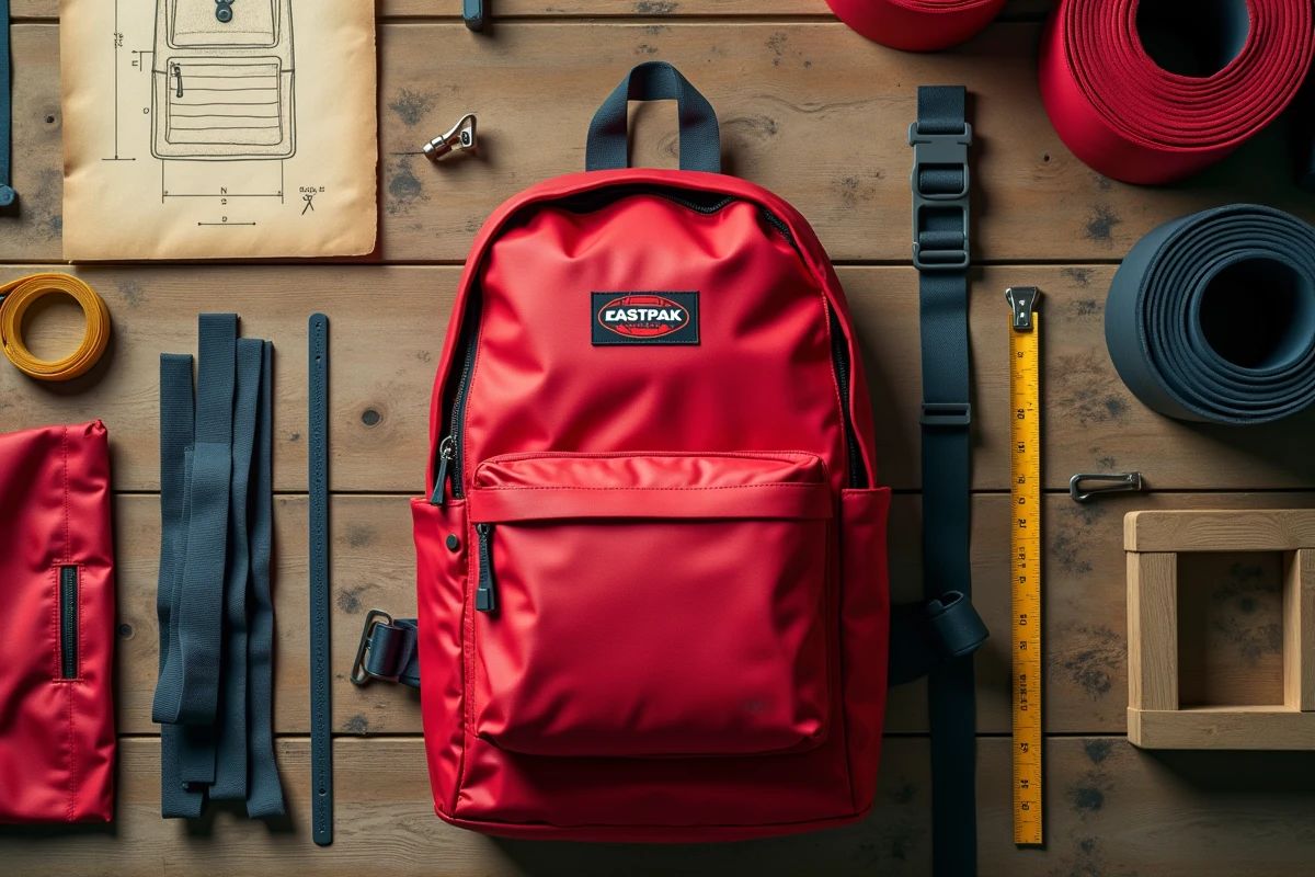 Vue à plat des matériaux et composants utilisés dans la fabrication d'un sac Eastpak sur une table d'atelier en bois
