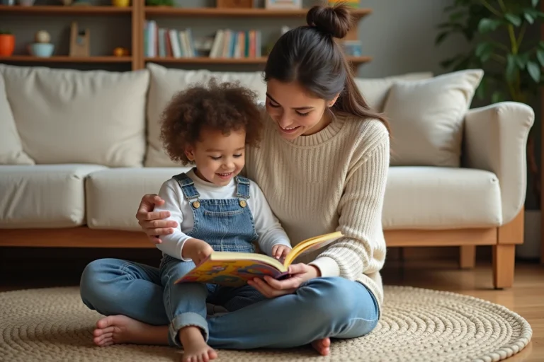 Mère et fille lisant un livre illustré ensemble sur le sol du salon, moment éducatif et complice