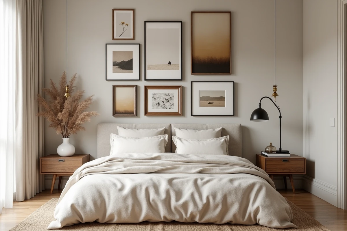Mur de cadres asymétrique aux finitions variées bois brut, métal noir et plâtre doré dans une chambre aux tons neutres