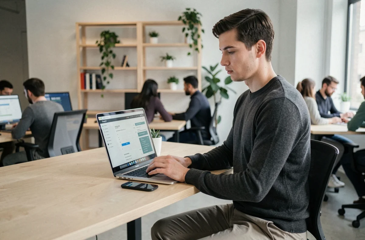 Jeune professionnel travaillant sur l'optimisation d'un site web dans un espace de coworking moderne