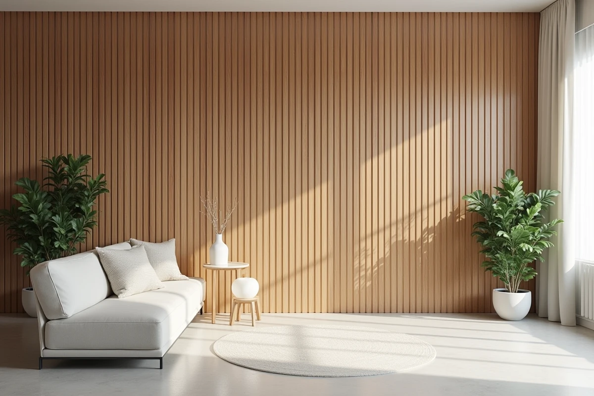 Mur structuré par des panneaux en tasseaux de bois chêne naturel dans un salon aux accents scandinaves