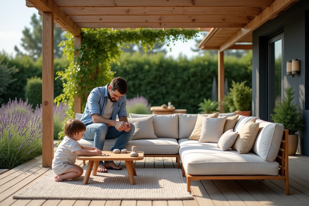 Père et enfant arrangeant coussins sur canapé extérieur
