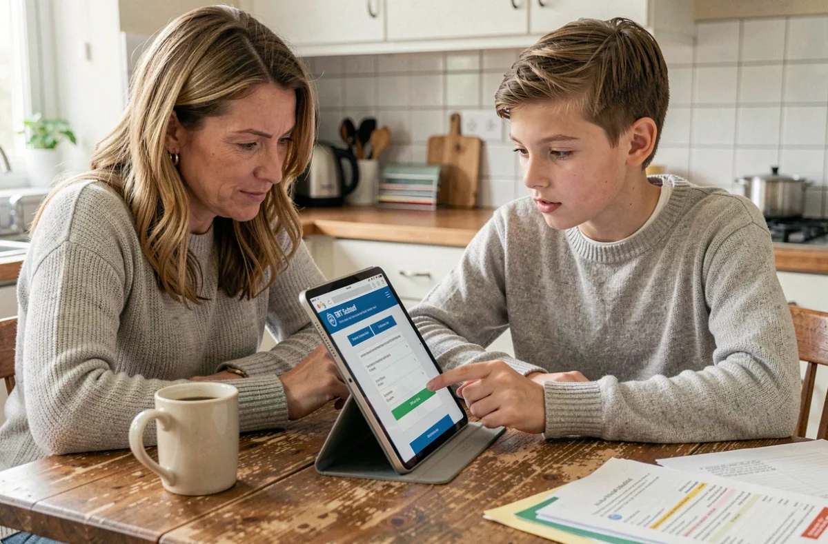 Mère accompagnant son enfant dans l'activation du compte ENT depuis la maison avec une tablette