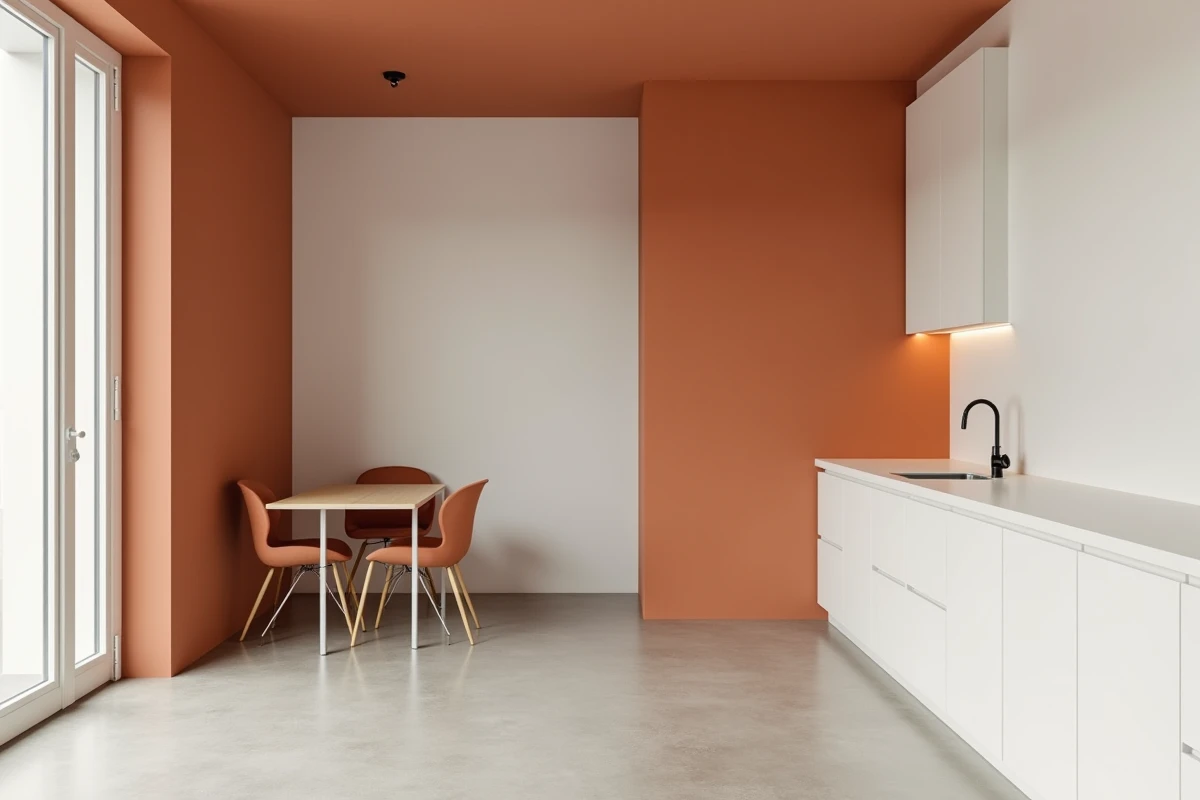Technique de peinture color-block en camaïeu terracotta et blanc cassé pour délimiter les zones d'un studio sans cloison
