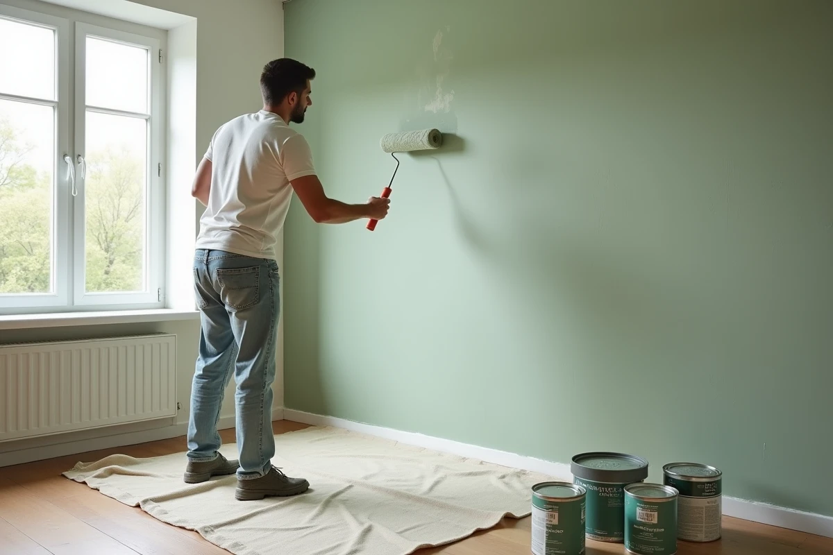 Application d'une peinture intérieure écologique à faibles émissions de COV en vert sauge mat dans une chambre en cours de rénovation