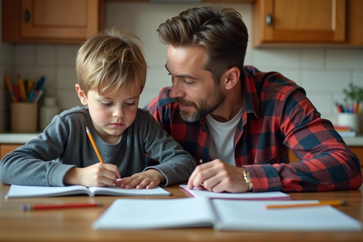 Père aidant son fils à faire ses devoirs à la table de cuisine, accompagnement scolaire parental