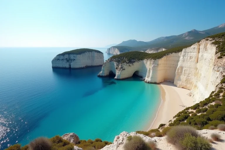 Vue panoramique de la plage des Trois Pointes à Bonifacio avec ses falaises calcaires blanches et la mer turquoise de Méditerranée