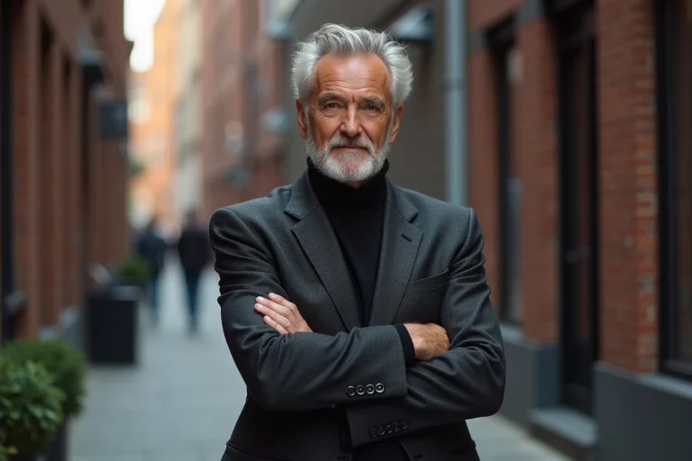 Portrait d'un homme grand et charismatique aux traits marqués portant un blazer sombre, évoquant la prestance et la personnalité d'un acteur hollywoodien expérimenté