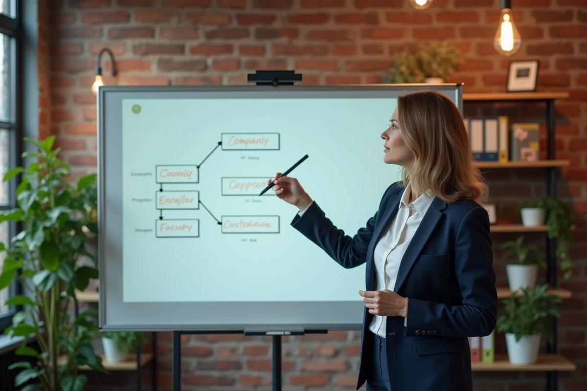 Femme d'affaires présentant un schéma de structure HoldCo et PropCo sur un tableau blanc dans un bureau moderne, illustrant l'organisation juridique d'un patrimoine immobilier