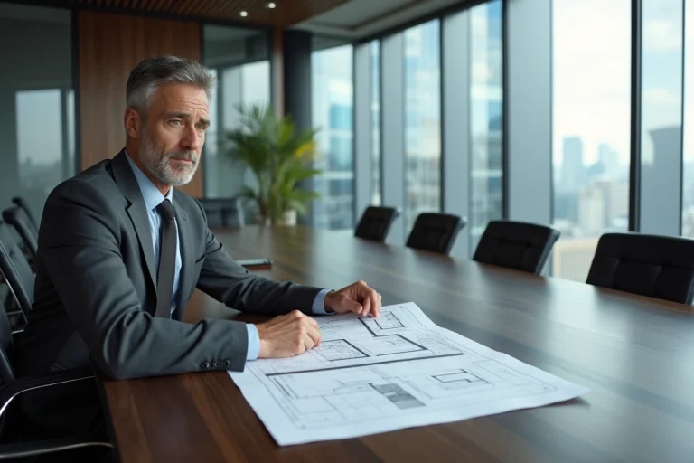 Professionnel en costume analysant des documents financiers et des plans architecturaux dans une salle de conférence moderne pour structurer un investissement immobilier via une HoldCo et PropCo
