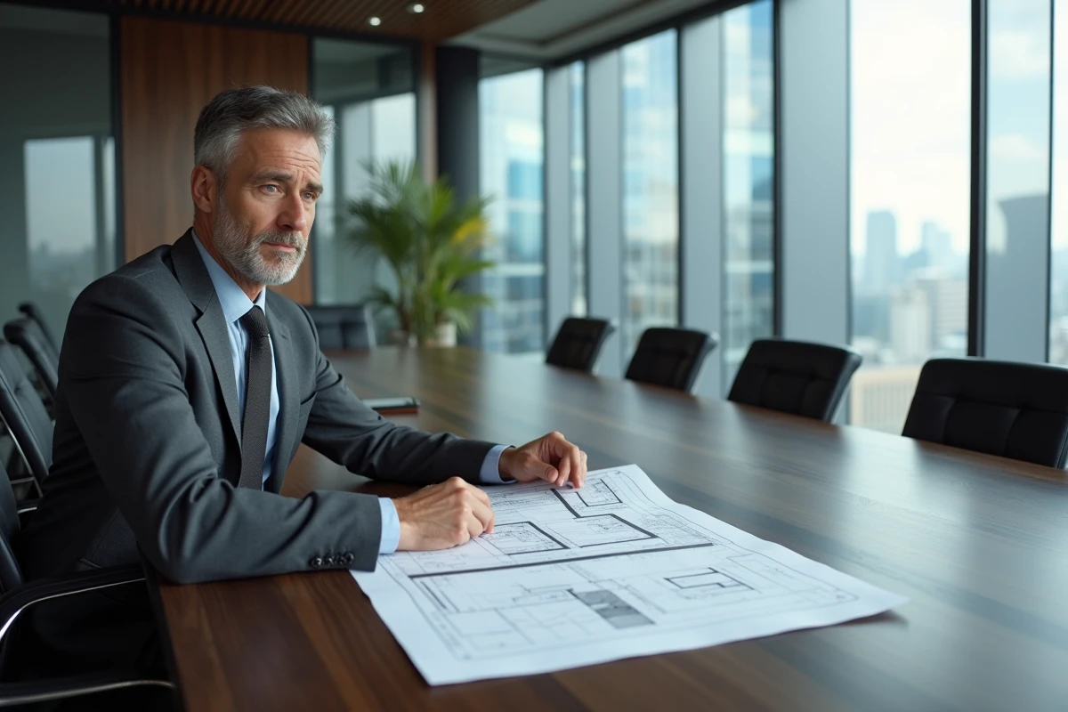 Professionnel en costume analysant des documents financiers et des plans architecturaux dans une salle de conférence moderne pour structurer un investissement immobilier via une HoldCo et PropCo