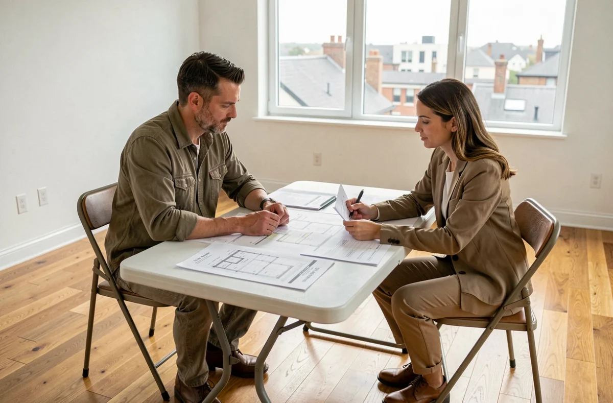 Deux professionnels de l'immobilier analysant les coûts de rénovation d'un appartement locatif prêt à la location
