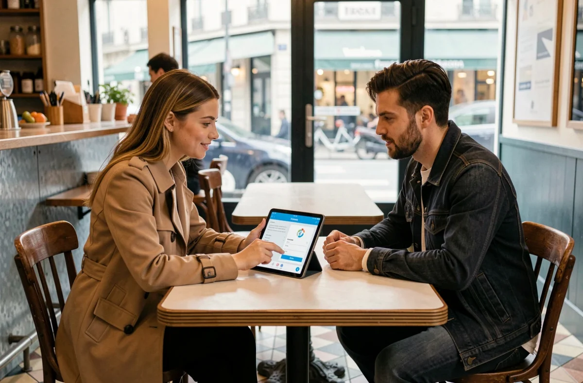 Deux professionnels discutant d'opportunités d'emploi en startup sur une tablette dans un café parisien