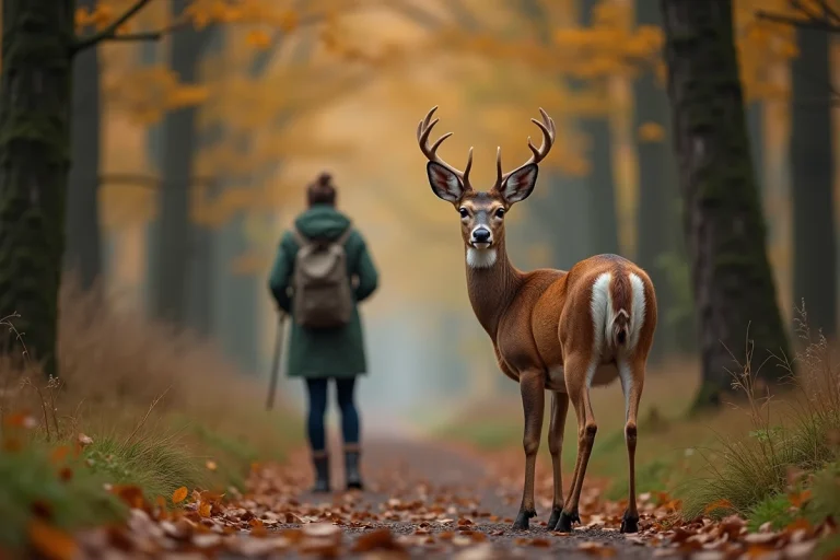 Femme randonneuse croisant une biche sur un sentier forestier en automne, symbolisant une rencontre spirituelle avec la nature