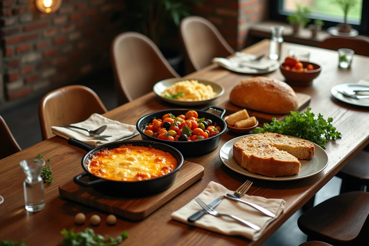 Repas de famille complet étalé sur une table en chêne avec gratin, ratatouille et pain artisanal