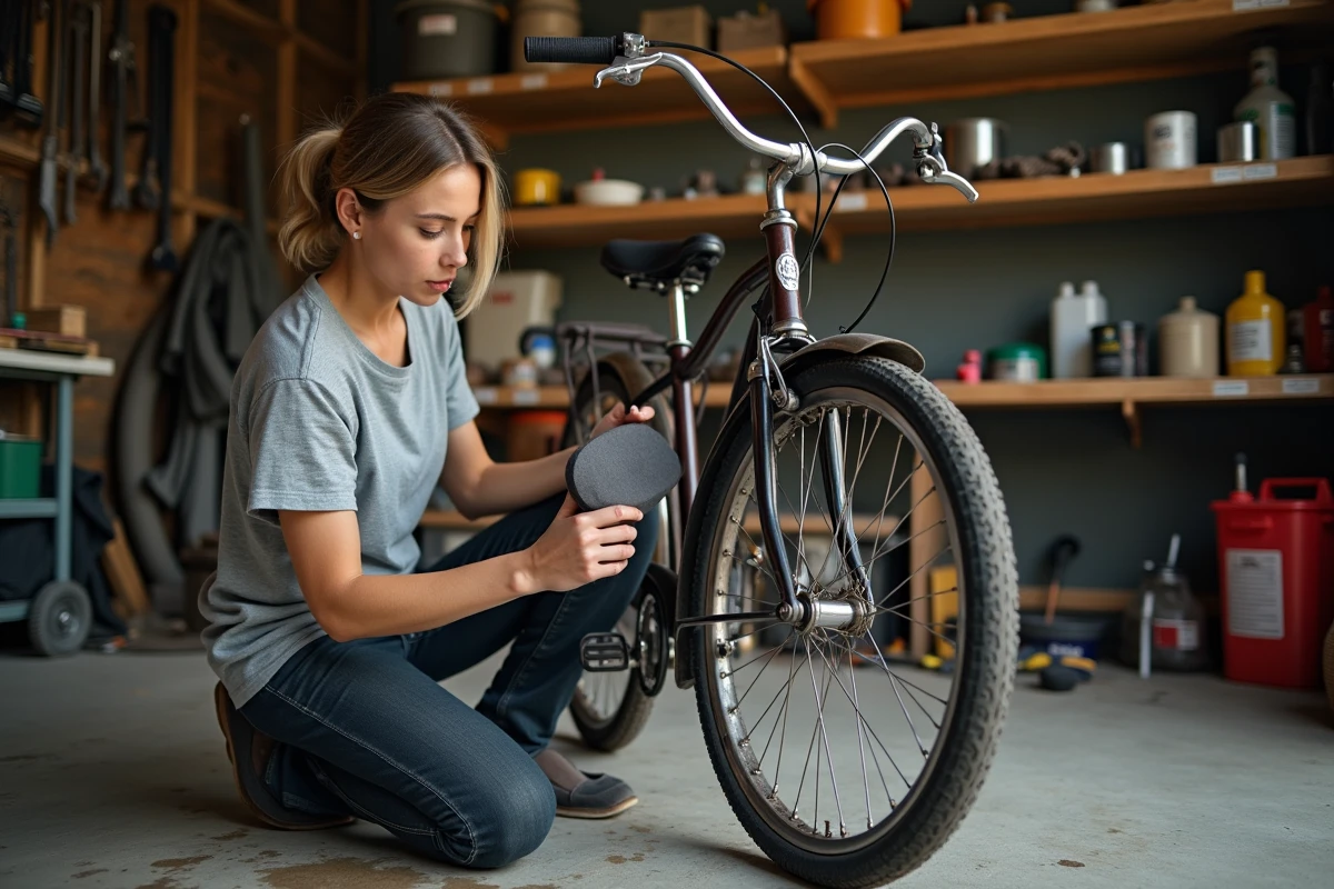 Femme retirant la rouille des guidons chromés d'un vélo vintage dans un atelier garage