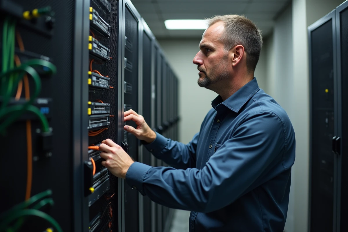 Technicien informatique ajustant un serveur dans une salle technique