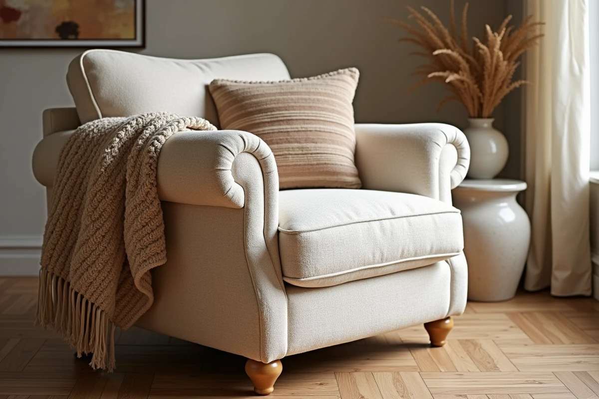 Fauteuil et canapé recouverts de tissu bouclé ivoire accompagnés de coussins en laine tricot dans un salon chaleureux