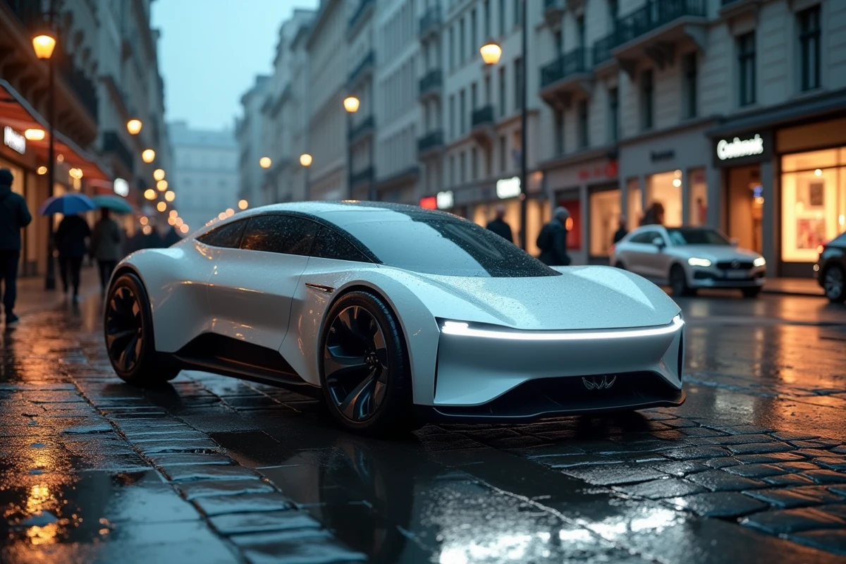 Véhicule autonome futuriste garé sur une rue pavée mouillée en ville, reflétant les tendances automobiles de 2024