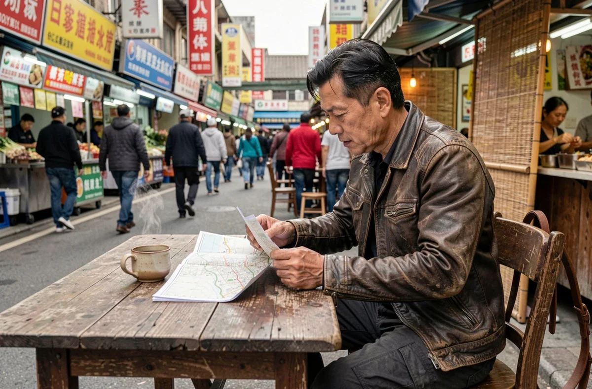 Voyageur consultant une carte papier dans un café animé d'un marché asiatique coloré