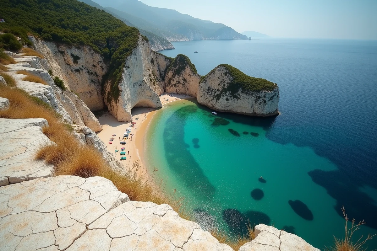 Vue plongeante depuis les falaises sur la plage des Trois Pointes à Bonifacio, crique cachée avec eau transparente et baigneurs en contrebas